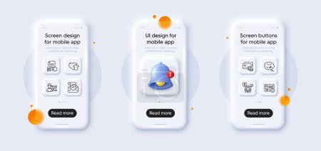 Illustration for Web timer, Love letter and Qr code line icons pack. 3d phone mockups with bell alert. Glass smartphone screen. Success business, Money, Yummy smile web icon. Clothing, Teamwork pictogram. Vector - Royalty Free Image