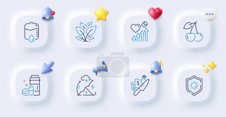 Illustration for Medical drugs, Cherry and Stress protection line icons. Buttons with 3d bell, chat speech, cursor. Pack of Leaf, Sun protection, Drop counter icon. Vegetable, Heart beat pictogram. Vector - Royalty Free Image