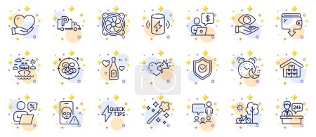 Illustration for Outline set of Stress, Love champagne and Magic wand line icons for web app. Include Approved shield, Quickstart guide, Online discounts pictogram icons. Health eye, Reception desk. Vector - Royalty Free Image