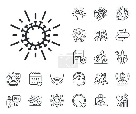 Illustration for Covid-19 pandemic virus sign. Online doctor, patient and medicine outline icons. Coronavirus line icon. Corona virus symbol. Coronavirus line sign. Veins, nerves and cosmetic procedure icon. Vector - Royalty Free Image