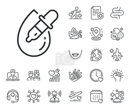Illustration for Oculist clinic sign. Online doctor, patient and medicine outline icons. Eye drops line icon. Optometry vision symbol. Eye drops line sign. Veins, nerves and cosmetic procedure icon. Intestine. Vector - Royalty Free Image