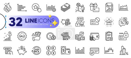 Illustration for Outline set of Report document, Cashback and Lock line icons for web with Gift card, Column chart, Card thin icon. Hot loan, Operational excellence, Mortgage pictogram icon. Dollar. Vector - Royalty Free Image