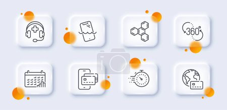 Illustration for Smartphone waterproof, Chemical formula and Calendar graph line icons pack. 3d glass buttons with blurred circles. Timer, Medical support, Internet pay web icon. Vector - Royalty Free Image