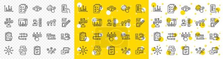 Illustration for Opinion, Customer satisfaction feedback and Test icons. Survey, Report review line icons. Checklist review, Quiz and Business report symbols. Evaluation quiz, Feedback chart, Management. Vector - Royalty Free Image
