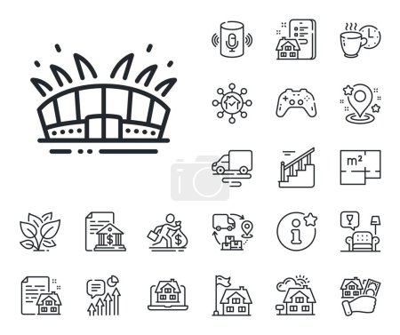 Illustration for Sport complex sign. Floor plan, stairs and lounge room outline icons. Arena stadium line icon. Championship building symbol. Arena stadium line sign. House mortgage, sell building icon. Vector - Royalty Free Image