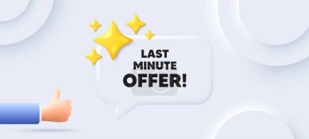 Illustration for Last minute offer tag. Neumorphic background with chat speech bubble. Special price deal sign. Advertising discounts symbol. Last minute offer speech message. Banner with like hand. Vector - Royalty Free Image