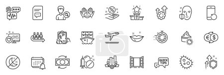 Illustration for Icons pack as Change money, Insomnia and Recovery phone line icons for app include Improving safety, Queue, Notification outline thin icon web set. Shipment, Comments, Money exchange pictogram. Vector - Royalty Free Image