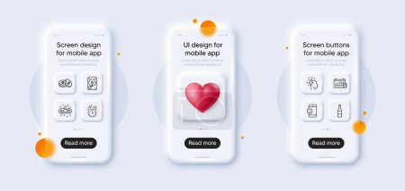 Illustration for Recruitment, Savings and Smartphone message line icons pack. 3d phone mockups with heart. Glass smartphone screen. Hdd, Fast delivery, Wine web icon. Brainstorming, Calendar pictogram. Vector - Royalty Free Image
