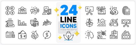 Illustration for Icons set of Radiator, Wallet and Bankrupt line icons pack for app with Deflation, Travel loan, Bitcoin think thin outline icon. Phishing, Card, Fraud pictogram. Report, Startup, Usd exchange. Vector - Royalty Free Image