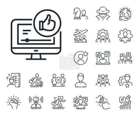 Illustration for Thumbs up sign. Specialist, doctor and job competition outline icons. Like video line icon. Positive feedback, social media symbol. Like video line sign. Avatar placeholder, spy headshot icon. Vector - Royalty Free Image