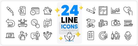 Illustration for Icons set of Checklist, Financial diagram and Web lectures line icons pack for app with Food delivery, Electric bike, Smoking thin outline icon. 24h delivery, Carrots. Design with 3d stars. Vector - Royalty Free Image