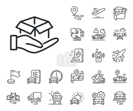 Illustration for Delivery parcel sign. Plane, supply chain and place location outline icons. Hold open box line icon. Cargo package symbol. Hold box line sign. Taxi transport, rent a bike icon. Travel map. Vector - Royalty Free Image