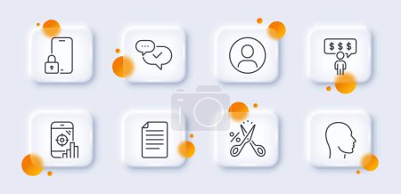 Ilustración de Paquete de iconos de línea de beneficios de Headshot, Lock y Employee. botones de vidrio 3d con círculos borrosos. Recorte de impuestos, aprobado, icono de la web principal. Archivo, pictograma de teléfono Seo. Para aplicación web, impresión. Vector - Imagen libre de derechos
