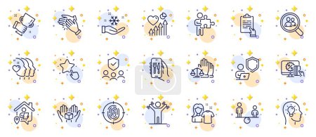 Illustration for Outline set of Shield, Online shopping and Heart beat line icons for web app. Include Ranking star, Winner cup, Puzzle pictogram icons. Work home, Clean shirt, Fingerprint signs. Vector - Royalty Free Image