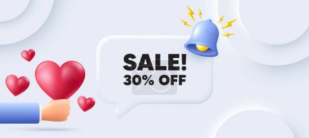 Illustration for Sale 30 percent off discount. Neumorphic background with speech bubble. Promotion price offer sign. Retail badge symbol. Sale speech message. Banner with 3d hearts. Vector - Royalty Free Image