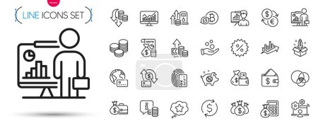 Illustration for Pack of Fuel price, Wallet and Inflation line icons. Include Presentation board, Euler diagram, Card pictogram icons. Accounting, Refresh bitcoin, Check investment signs. Tips. Vector - Royalty Free Image
