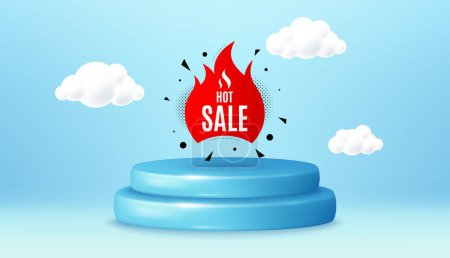 Illustration for Hot sale banner. Winner podium 3d base. Product offer pedestal. Discount sticker shape. Coupon tag icon. Hot sale promotion message. Background with 3d clouds. Vector - Royalty Free Image