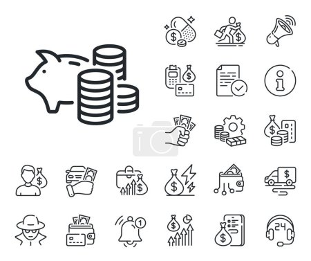 Illustration for Coins money sign. Cash money, loan and mortgage outline icons. Piggy bank line icon. Business savings symbol. Piggy bank line sign. Credit card, crypto wallet icon. Inflation, job salary. Vector - Royalty Free Image