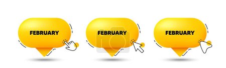 Ilustración de Icono del mes de febrero. Haga clic aquí botones. Calendario del evento Fecha de febrero. Planificador de citas. Febrero discurso burbuja mensaje de chat. Talk box infografías. Vector - Imagen libre de derechos