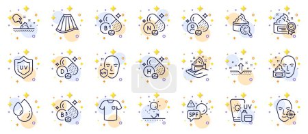 Illustration for Outline set of Face cream, Problem skin and Sunscreen line icons for web app. Include Skirt, Vitamin h, Vitamin d pictogram icons. Collagen skin, Uv protection, T-shirt signs. Vector - Royalty Free Image