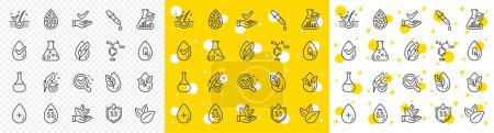 Illustration for Dermatologically tested, Alcohol free and Paraben chemical formula icons. No artificial colors, Anti-dandruff flakes free line icons. Hypoallergenic tested, Neutral ph and Organic. Vector - Royalty Free Image