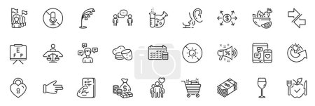 Illustration for Icons pack as Fitness, Money and Love lock line icons for app include Usd currency, Share idea, Floor lamp outline thin icon web set. No microphone, Click hand, Social media pictogram. Vector - Royalty Free Image