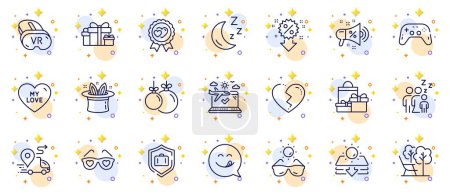 Illustration for Outline set of Christmas ball, Vr and Discount line icons for web app. Include Deckchair, Yummy smile, Holiday presents pictogram icons. Hat-trick, Sunglasses, Sale megaphone signs. Vector - Royalty Free Image