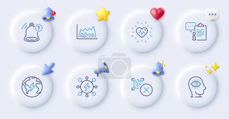 Illustration for Meditation eye, Heartbeat and Electricity line icons. Buttons with 3d bell, chat speech, cursor. Pack of Qr code, Clipboard, Reminder icon. Power, Trade chart pictogram. For web app, printing. Vector - Royalty Free Image