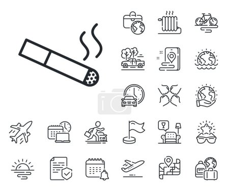 Illustration for Cigarette sign. Plane jet, travel map and baggage claim outline icons. Smoking area line icon. Smokers zone symbol. Smoking line sign. Car rental, taxi transport icon. Place location. Vector - Royalty Free Image