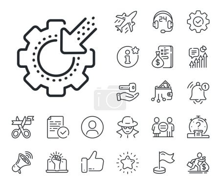 Illustration for Settings cogwheel sign. Salaryman, gender equality and alert bell outline icons. Seo gear line icon. Traffic management symbol. Seo gear line sign. Spy or profile placeholder icon. Vector - Royalty Free Image