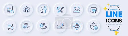 Illustration for Internet report, Hammer tool and Logistics network line icons for web app. Pack of Chemistry atom, Messenger mail, Marketplace pictogram icons. Employees teamwork, Waterproof. Vector - Royalty Free Image