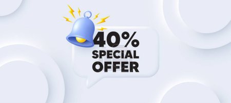 Illustration for 40 percent discount offer tag. Neumorphic background with chat speech bubble. Sale price promo sign. Special offer symbol. Discount speech message. Banner with bell. Vector - Royalty Free Image