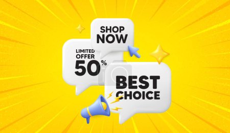 Illustration for Best choice tag. 3d offer chat speech bubbles. Special offer Sale sign. Advertising Discounts symbol. Best choice speech bubble 3d message. Talk box megaphone banner. Vector - Royalty Free Image