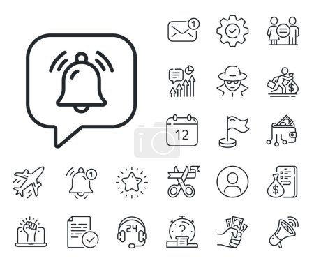 Illustration for Bell alarm reminder sign. Salaryman, gender equality and alert bell outline icons. Notification chat bubble line icon. Alarm clock symbol. Notification bubble line sign. Vector - Royalty Free Image