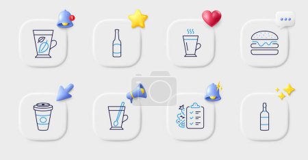 Illustration for Takeaway coffee, Beer and Mint leaves line icons. Buttons with 3d bell, chat speech, cursor. Pack of Diet menu, Brandy bottle, Latte icon. Burger, Tea mug pictogram. For web app, printing. Vector - Royalty Free Image