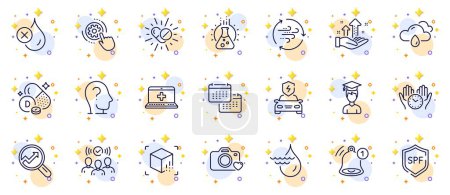 Illustration for Outline set of Student, Chemistry lab and Medical drugs line icons for web app. Include Medical help, Reminder, No waterproof pictogram icons. Rainy weather, Analysis graph. Vector - Royalty Free Image