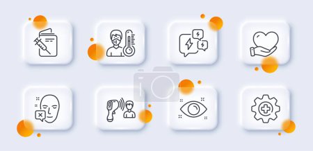 Illustration for Thermometer, Vaccination passport and Stress line icons pack. 3d glass buttons with blurred circles. Volunteer, Electronic thermometer, Face declined web icon. Medicine, Health eye pictogram. Vector - Royalty Free Image