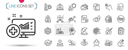 Illustration for Pack of Electric bike, Baby carriage and Family insurance line icons. Include Medical analytics, Skin moisture, Coronavirus pictogram icons. Medical analyzes, Stop stress, Mountain bike signs. Vector - Royalty Free Image