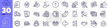 Search statistics, Left arrow and Job line icons pack. Medical syringe, Exit, Dot plot web icon. Sausage, Bill accounting, Organic product pictogram. Swipe up, Love, Car service. Deal. Vector