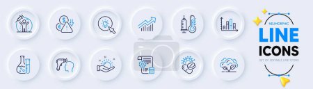 Illustration for Vaccine protection, Deflation and Demand curve line icons for web app. Pack of Energy, Thermometer, Coronavirus pills pictogram icons. Diagram graph, Electronic thermometer. Neumorphic buttons. Vector - Royalty Free Image