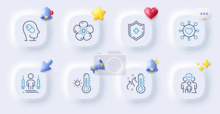 Illustration for Dating, High thermometer and Medical shield line icons. Buttons with 3d bell, chat speech, cursor. Pack of Coronavirus injections, Depression treatment, Natural linen icon. Vector - Royalty Free Image