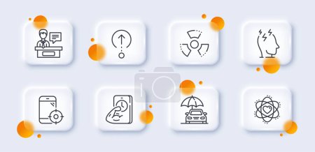 Illustration for Exhibitors, Atom and Fitness line icons pack. 3d glass buttons with blurred circles. Seo phone, Chemical hazard, Stress web icon. Car insurance, Swipe up pictogram. For web app, printing. Vector - Royalty Free Image