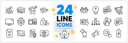 Illustration for Icons set of Lock, Web shop and 5g internet line icons pack for app with Like button, Messenger mail, Video conference thin outline icon. Battery charging, Computer, Ranking pictogram. Vector - Royalty Free Image