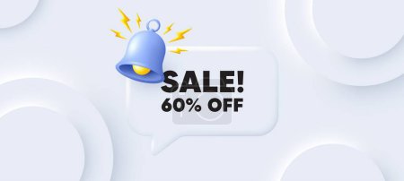 Illustration for Sale 60 percent off discount. Neumorphic background with chat speech bubble. Promotion price offer sign. Retail badge symbol. Sale speech message. Banner with bell. Vector - Royalty Free Image
