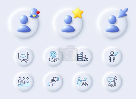Illustration for Equity, People vaccination and Safe planet line icons. Placeholder with 3d cursor, bell, star. Pack of People chatting, Click hands, Smile face icon. Eco bike, Inventory pictogram. Vector - Royalty Free Image