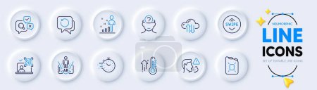 Illustration for Cloud sync, Augmented reality and Psychology line icons for web app. Pack of Stats, Inspect, Swipe up pictogram icons. Timer, High thermometer, Canister oil signs. Qr code, Recovery data. Vector - Royalty Free Image