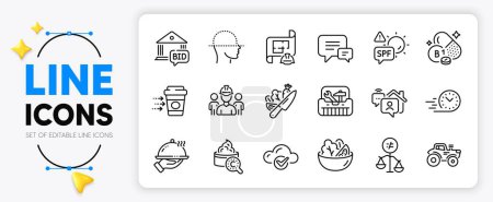 Illustration for Restaurant food, Tractor and Work home line icons set for app include Engineering plan, Fast delivery, Discrimination outline thin icon. Toolbox, Collagen skin, Engineering team pictogram icon. Vector - Royalty Free Image