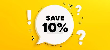 Illustration for Save 10 percent off tag. Chat speech bubble banner with questions. Sale Discount offer price sign. Special offer symbol. Discount speech bubble message. Quiz chat box. Vector - Royalty Free Image