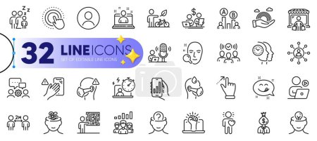 Illustration for Outline set of Podcast, Ab testing and Manager line icons for web with Best manager, Engineering team, Medical mask thin icon. Mental health, Budget accounting. Design with yellow 3d stars. Vector - Royalty Free Image