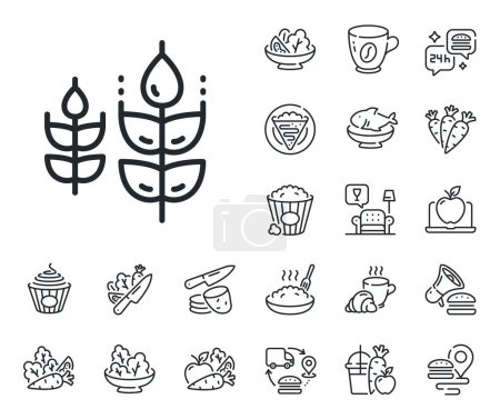 Illustration for Organic tested sign. Crepe, sweet popcorn and salad outline icons. Gluten free line icon. Natural product symbol. Gluten free line sign. Pasta spaghetti, fresh juice icon. Supply chain. Vector - Royalty Free Image